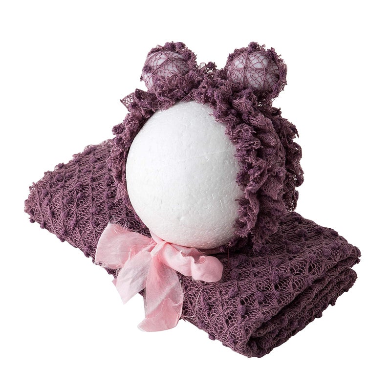 Vemonllas Newborn Baby Photography Props Outfits Photoshoot Photos Hat Long Ripple Wrap Set for Boys Girls Photography (Purple) - Image 3